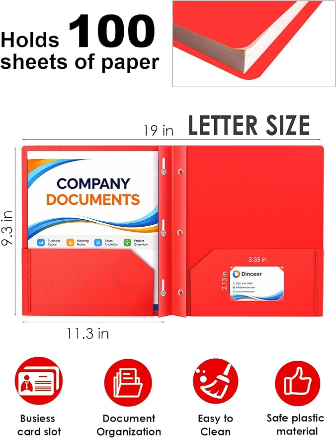 Plastic Pocket Folders with Prongs, Heavy Duty 2 Pocket Poly Folder Set, Bright Assorted Colors, Letter Size 8.5 x 11, Metal Fasteners, Business Card Slot (5, Rainbow)