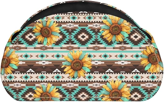 FUSURIRE Remote Control Holder Vintage Sunflower Aztec Geometry Print PU Leather Organizer Box with 5 Compartments for Home Office Supplies,Remote Caddy Desktop Storage for Controllers,Media Player