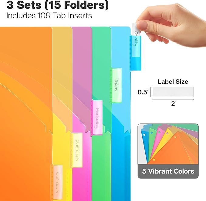 Dunwell Plastic Binder Pocket with 5 Tabs (3 Set, 15 Count), 5-Tab Dividers with 2 Pockets for 3-Ring Binder, Slash Pocket Dividers 3 Hole Punched, 5 Subject Divider Folder, Includes Label Inserts