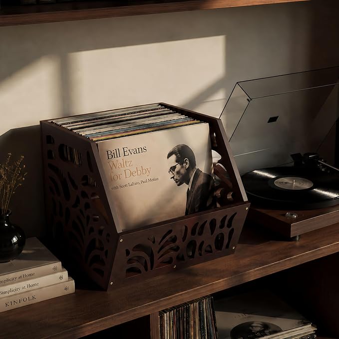 Vinyl Record Storage Box 60+ LP Record Holder Crate, Vinyl Organizer Storage Rack for Album Storage, Espresso Vintage Finish Home Decor