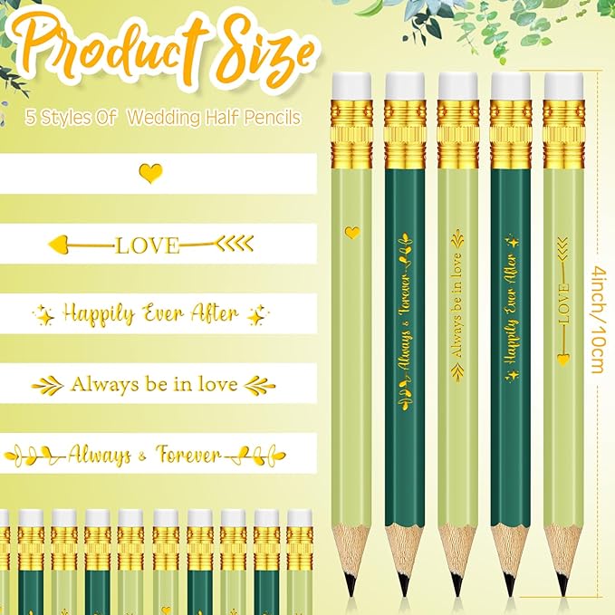 Crtiin 50 Pcs Bridal Shower Pencils Half Golf Wedding Pencils with Eraser 4 Inch Short Pocket Pre Sharpened for Wedding Game Bridal Shower Presents Classroom School(Light/Dark Green)