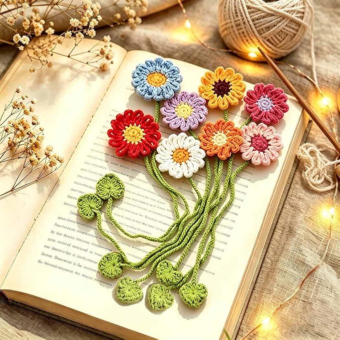 Yuboo 8 Pack Crochet Flower Bookmarks for Women, Daisy Flower Handmade Personalized Cute Funny Girly Birthday Book Marks for Reading, Gifts for Book Lovers Girls Teachers