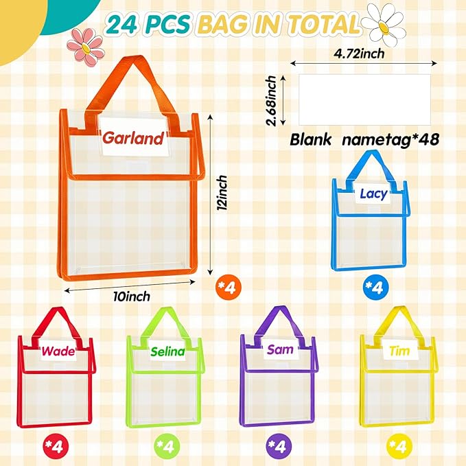 Teling 24 Pack Thick Clear Book Pouches with Blank Name Tags and Handles Book Baggies Bags Bins Organizer for School Classroom Library Pockets Students (10 x 12 Inch,Stylish Color)