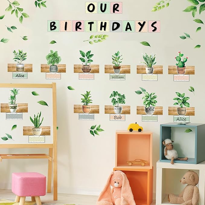 FYSUIMU 84 Pcs Birthday Bulletin Board Decoration Set Boho Plant Leaves Birthday Bulletin Board Border Greenery Paper Cutouts for Back to School Classroom Month Calendar Preschool Chalkboard Supplies