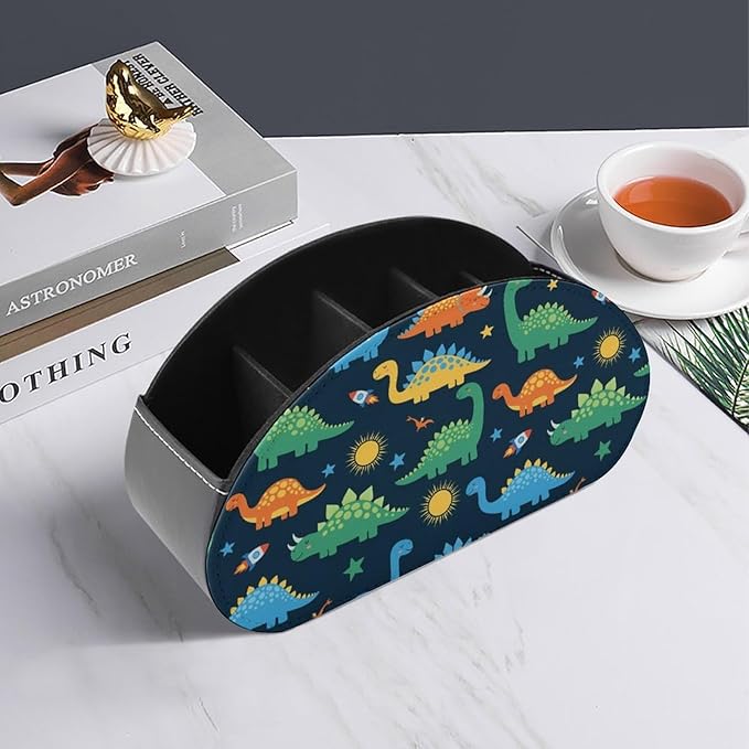 PU Leather Remote Control Holder with 5 Compartments, Desk Organizer for TV Remotes, Office Supplies, and Bedside Table Storage, Dinosaurs