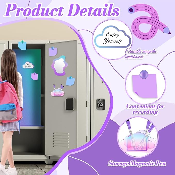 Denylo pro Magnetic Locker Accessories Kit Colorful Purple Back to School Essentials Locker Organizer Supplies with Stickers Include Mirror Whiteboard Pen Holder Magnetic Pen Clasp Magnet