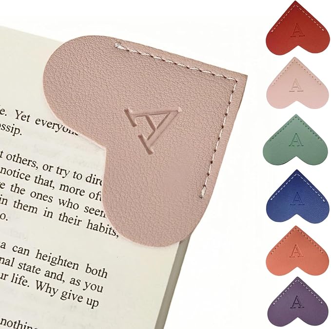 Personalized Leather Heart Bookmarks with Initials, 26 Letters Custom Corner Book Mark for Reading Women,Teacher, Student, Book Lovers Book Readers, Meaningful Gifts (Red+Pink,A)