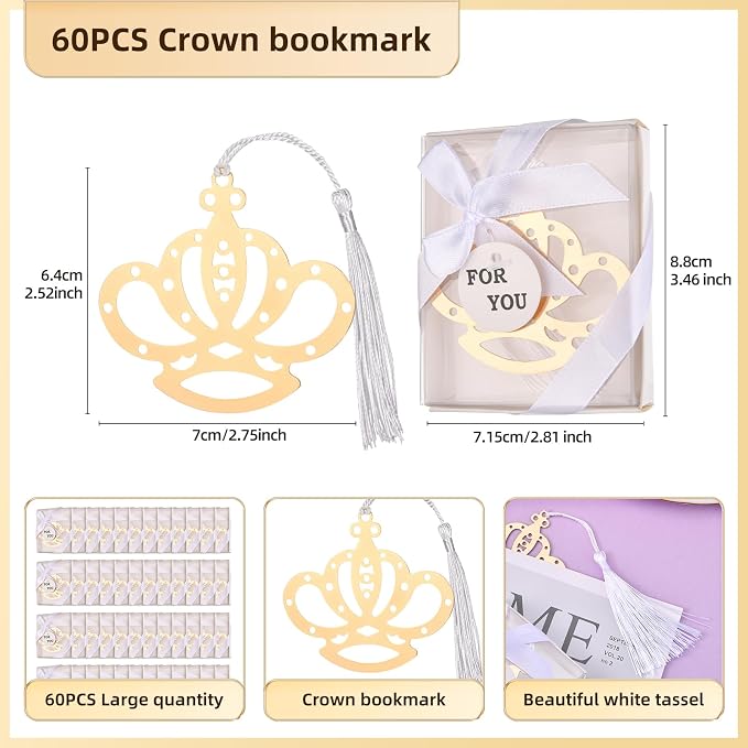 60Pcs Metal Crown Bookmark Set with Elegant Silk Tassel, Baby Shower Gold Crown Design Bookmark with Gift Box, for Girls Wedding Gifts Bridal Shower Party Favors Decorations Guests Souvenirs