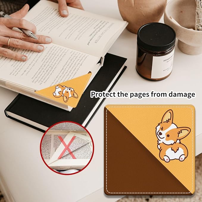 Cute Leather Bookmarks, Fun Triangle Making Corner Bookmark, Book Accessories for Reading Book Lovers, Unbreakable Page Markers for Women Men Yellow Cute Corgi Dog