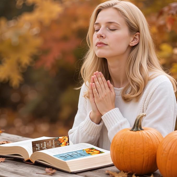 TICIAGA Fall Pumpkin Bible Bookmarks - 60Pcs Fall for Jesus He Never Leaves Religious Bible Verse Bookmarks, Autumn Pumpkins Page Marker for Book Lovers, Christian Church Giveaways for Sunday School