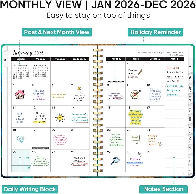 2026 Planner, Weekly and Monthly Calendar Planner Book, January 2026 - December 2026, Hardcover Spiral Planner with Monthly Tabs, Notes Pages, Perfect for Women & Men, A5 (6.4" x 8.5") - Ocean