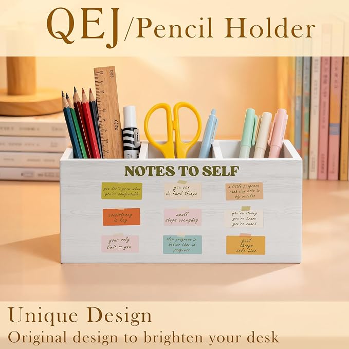 Mental Health Inspirational Pen Holder for Desk, Therapy Office Decor, Note To Self Positive Affirmations Wooden Box Pencil Pen Organizer for Home Office Desk Tabletop