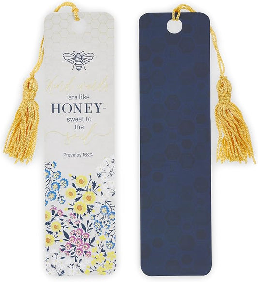 Christian Art Gifts Inspirational 3 Piece Paper Cardstock Scripture Bookmark Set for Women: Kind Words are Like Honey Bible Verse for Reading, Tassels, Bumblebees, Gold/Navy/Yellow Multicolor Floral