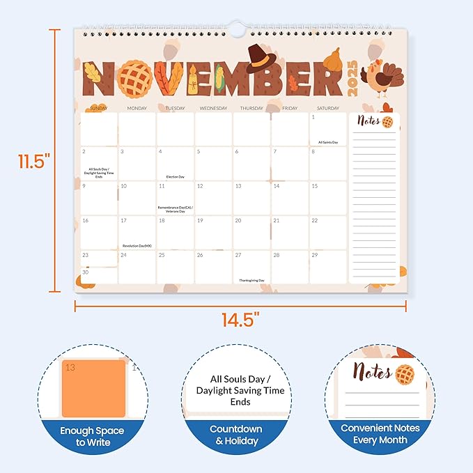 SUNEE 2026 Calendar- 18 Months Oct. 2025 - Mar. 2027, 14.5"x11.5" Big Grid Hanging Calendar 2026 with Note for Organizing & Planning, 2026 Wall Calendar with Note, Cute