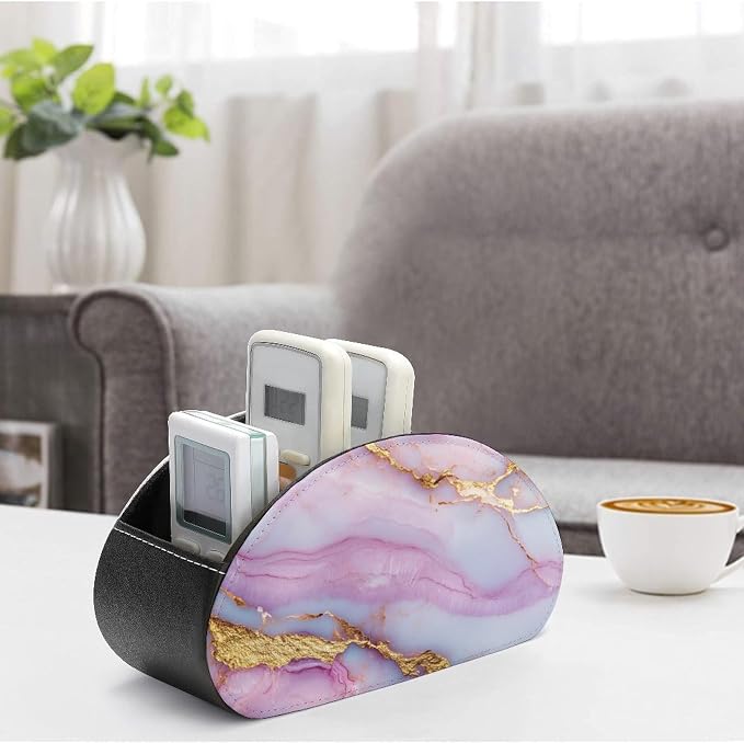 Pink Golden Veins Marble Texture Remote Control Holder with 5 Compartments Leather TV Remote Caddy Remote Storage Box Desktop Organizer for Pen/TV Remotes/Media Controllers/Office Supplies