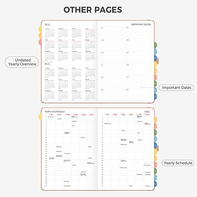 Undated Appointment Book, Hourly, Daily, 52 Weekly & 12 Monthly Planner, 6 AM - 8 PM, Medium Size (5.7" x 8.3"), Leather Hardcover, 12 Self-adhesive Monthly Tabs (Pink)