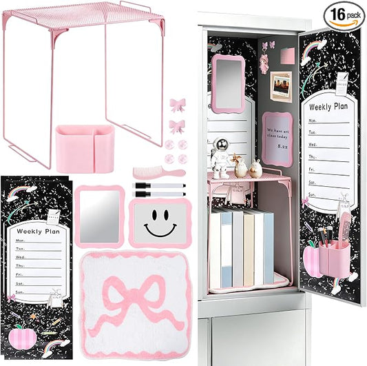 16 Pcs Locker Accessories Kit, School Locker Organizer Set with Shelf, Magnetic Mirror, Pen Holder, Whiteboard Marker, Plush Rug and Wall Decals (Pink)