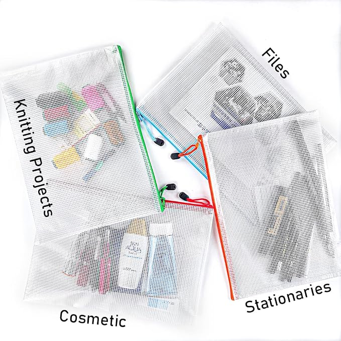 D-KINGCHY 24Pcs Zipper Storage Bags, Plastic Mesh Zippered Pouch for Organization, Waterproof Versatile Bags for Office Supplies School Travel (A4 Size 13.3''x9.4'', Assorted Color Zipper)