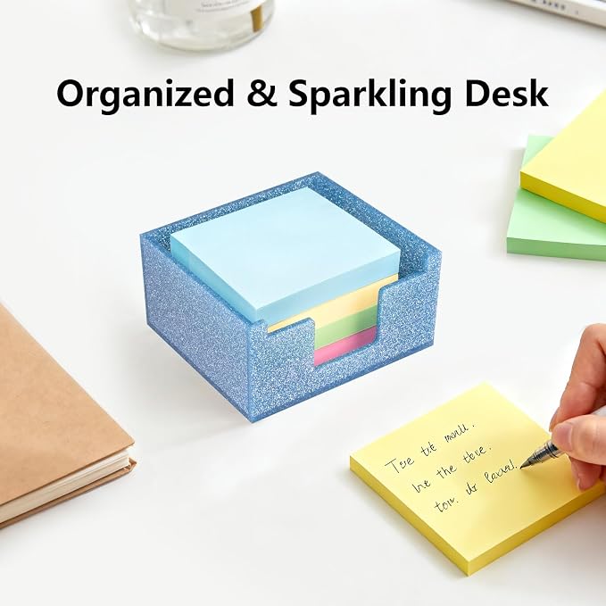 Sparkling Sticky Note Holder, Glitter Acrylic Organizer, 3.94 x 3.94 in Multi-Use Tray for Office, School & Home Desk (Blue)