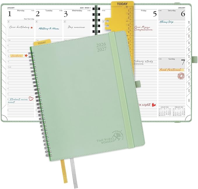 POPRUN Planner 2026-2027 (Large - 8.5'' x 10.5'') Academic Weekly Calendar (July 2026 - June 2027) with Hourly Time Slots, Monthly Tabs, 100GSM Thick Papers, Spiral Leather Cover - Celadon Green