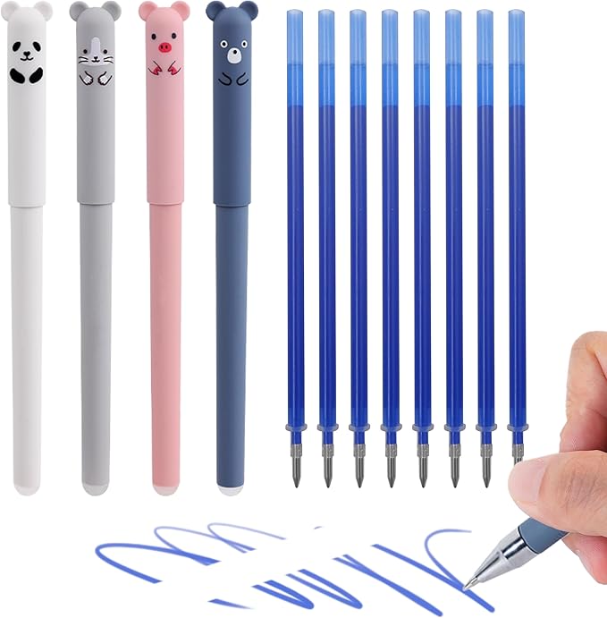 RIANCY 0.5mm Erasable Gel Pens,12 Pack Cute Cartoon Animal Rollerball Gel Ink Pens Refillable Pens for Adult Writing Calligraphy Note Taking (Refill Blue)