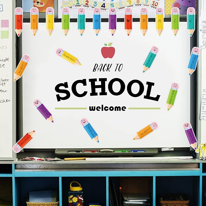 AnyDesign 49 Pcs Colorful Pencil Cut-Outs Back to School Cutouts Bulletin Board Decor with 100 Pcs Glue Points Pencil Name Tag Label for DIY Classroom Kindergarten First Day of School Decor