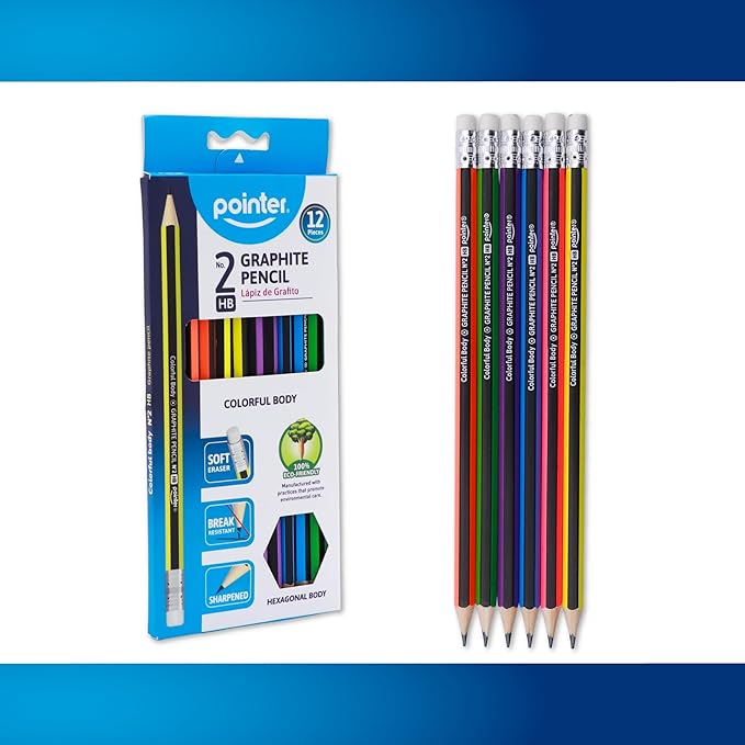 Pointer Wooden Pencils Pre-Sharpened HB Graphite Colorful Assorted Bodies, Hexagonal Grip for Comfortable Use with Soft Erasers Strong Break-Resistant Core Smooth Writing for Classrooms Work - 12Pack