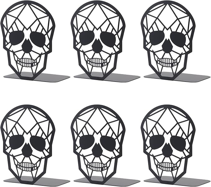 3 Pairs Metal Skull Design Bookend Black Book Ends, Heavy-Duty Bookends for Shelves, Black Skull Book Ends for Heavy Books, Book Shelf Holder Home Office Decorative Desktop Organizer