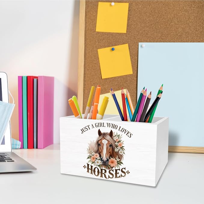Rustic Floral Horse Pen Holder for Desk, Gifts for Horse Lovers Pencil Organizer, Just a Girl Who Loves Horses Wooden Box Sign Desk Decor for Home Office Decoration