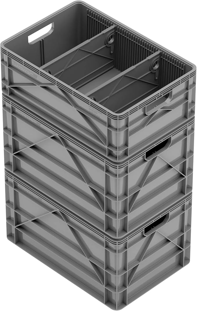 SIDIO Crate Basic Pack - 2 Full-Size & 1 Half-Size Heavy Duty Stackable Storage Bins, Totes and Containers with Dividers - Durable Plastic Organizer for Home, Office, Garage, and Outdoor Use, Gray