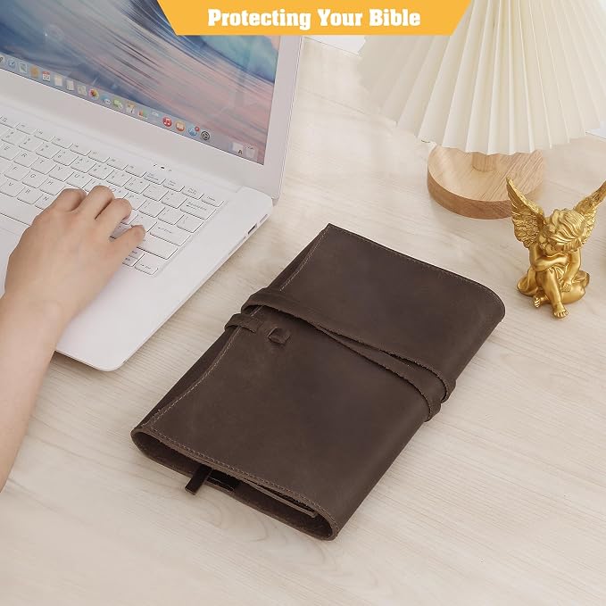 Jack&Chris Leather Bible Cover, Leather Book Cover for Men and Women, Bible Holder Strap Bible Cover Gifts, Red Brown Large