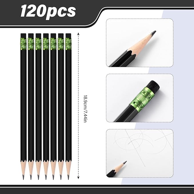 TecUnite 120 Pcs #2 HB Pencils with Eraser No 2 Unsharpened Wooden Hexagonal Pencils for Adults Gifts for School Exam art Learning Office Sketching(Black)