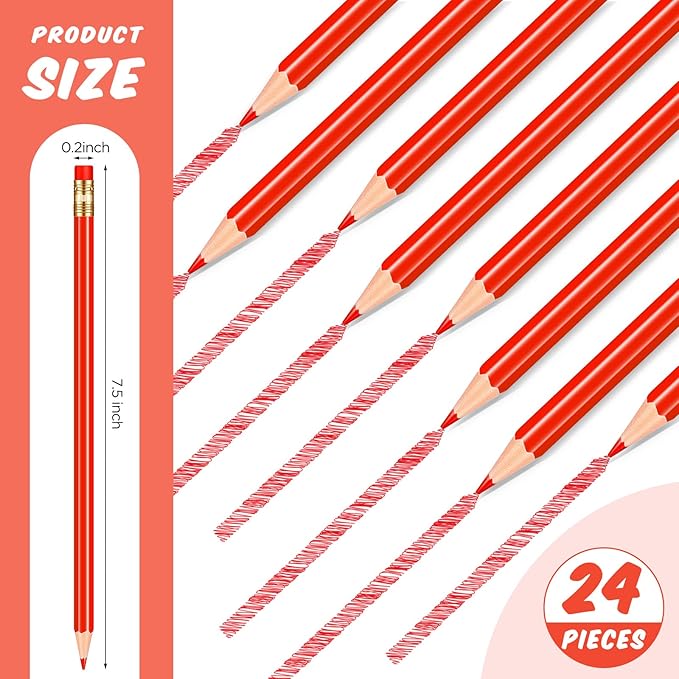 Sabary 24 Pcs Red Pencils with Eraser Pre Sharpened Red Pencil 2 HB for Checking Correcting Tests Grading Map Coloring Editing Office Favors