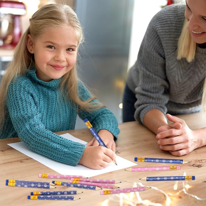 JarThenaAMCS 50Pcs Winter Short Pencil with Eraser 4 in Pink Blue Snowflake Writing Pencil Wood Christmas Half Pencil for Classroom Office Stationery Gift