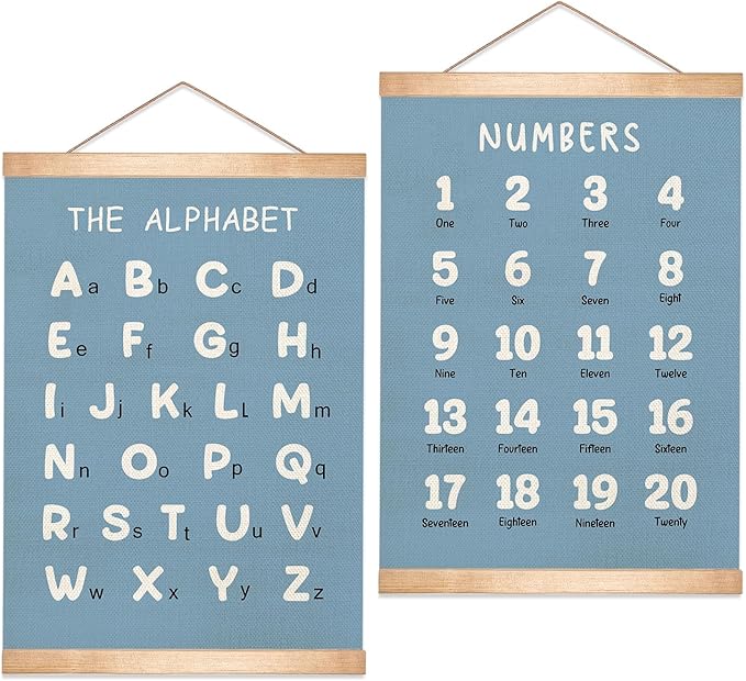 Alphabet and Numbers Educational Chart Set of 2 for Classroom Decor,Colorful Educational Poster for Toddlers 1-3,Toddler Learning Poster for Ages 3-5 for Nursery Playroom,Classroom Must Haves 18.5x14 Inch (Blue)