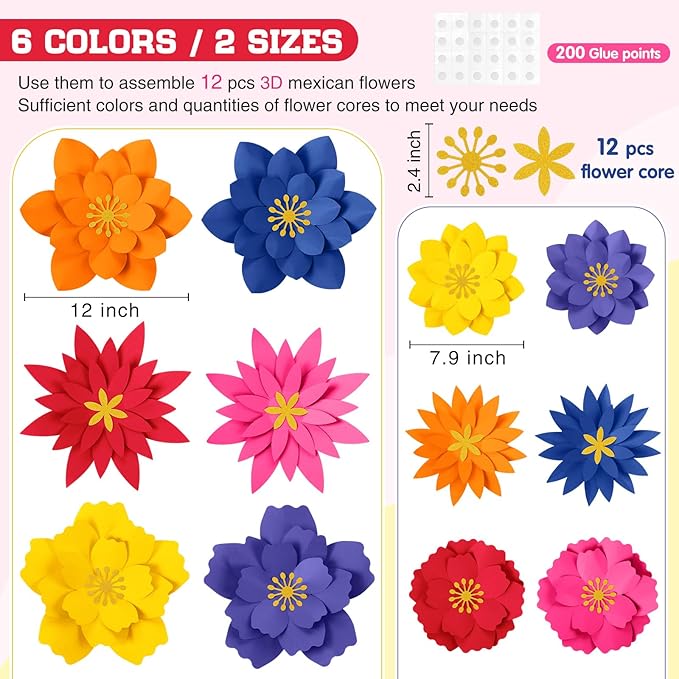 MotiMind 12 Pcs Paper Flowers Decorations for Wall DIY Paper Flowers Bulletin Board 3D Handcrafted Backdrop Decoration for Classroom Back to School Party(Classic Color)
