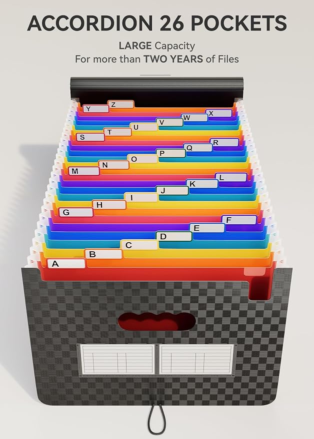 ABC life 26 Pockets File Organizer, Expanding File Folder A4 Letter Size, Portable Monthly Paper Bill Tax Receipt Organizer, Document Holder with Labels - Checkered Pattern