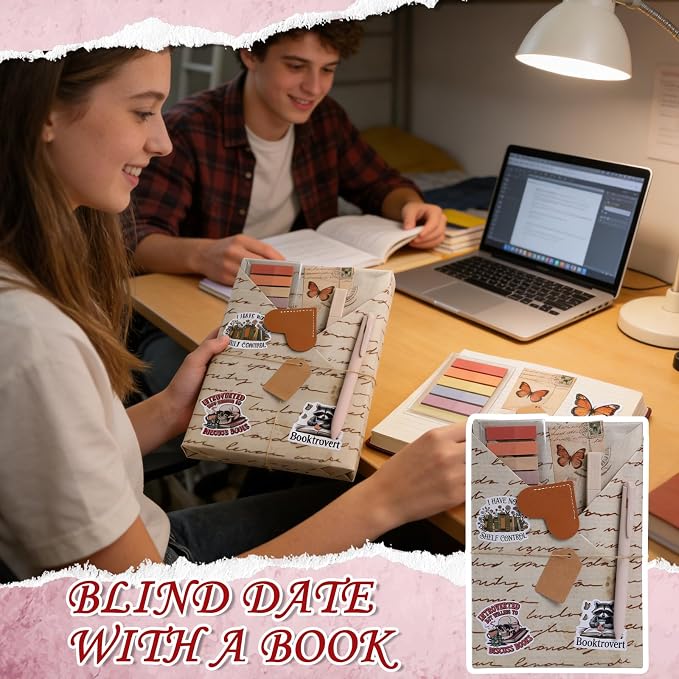 Blind Date with a Book Gift Box - Hamdwerk 6 Set Vintage Blind Book Date Gift Supplies Includes Wrapping Paper Tags Pens Bookmark Stickers Book Lover Club Gifts for Women Librarian Bookish Reader