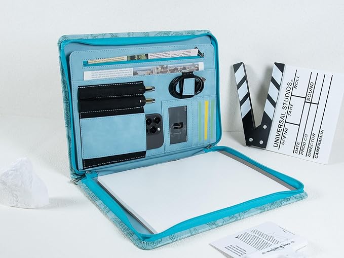 AZXCG Free Engraved Name, Personalized Padfolio Folio, Embossed PU Leather Portfolio with Zipper, Professional Document Organizer with A4 Notepad Holder, Gift for Women/Men, Customized(Light Blue)