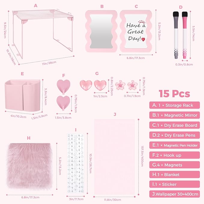 SKYDUE Locker Accessories Kit for Girls - Includes Locker Shelf, Rug, Wallpaper, Magnetic Mirror, Whiteboard, Pen Holder, Magnets, Stickers, Hooks, Pink Locker Decor & Organizer Set, 15 Piece