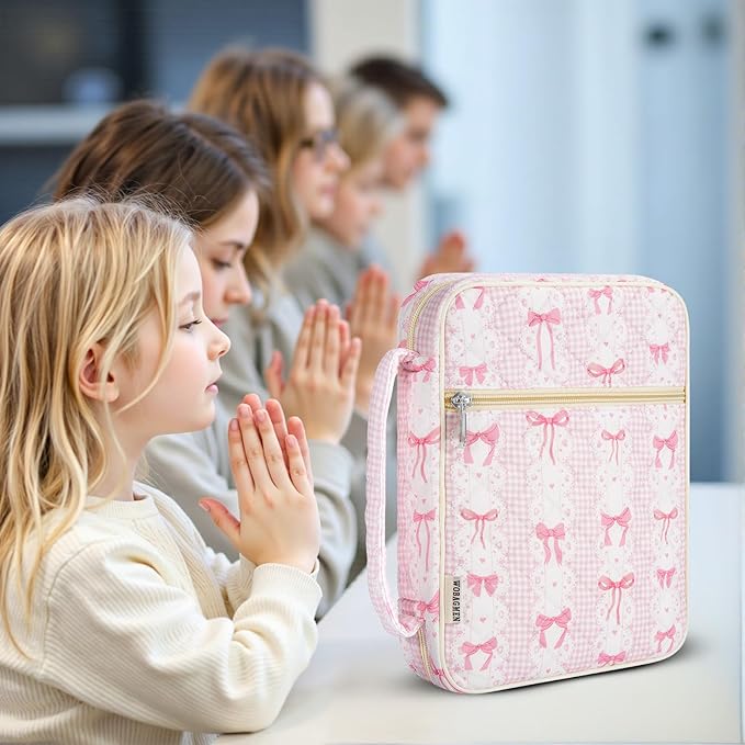 WOBAGMEN Bible Cover Case for Women,Large Bible Tote Bags Organizer Quilted Carrying Case for Girls,Bible Study Supplies Accessories Christian Gifts for Women (Pink Bow, M)