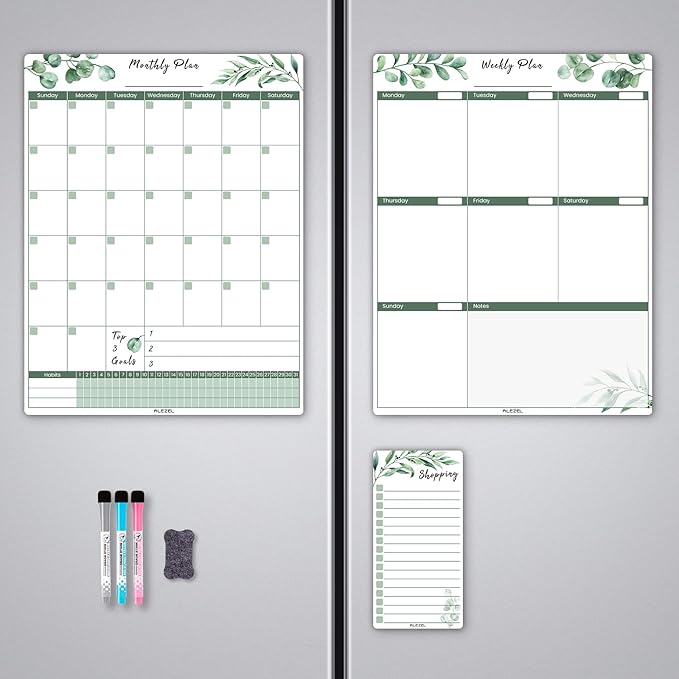 ALEZEL Magnetic Calendar for Refrigerator, Greenery Dry Erase Fridge Calendar Set (3 Boards) - Monthly & Weekly Planner Whiteboard, Shopping List White Board, 3 Markers + Eraser