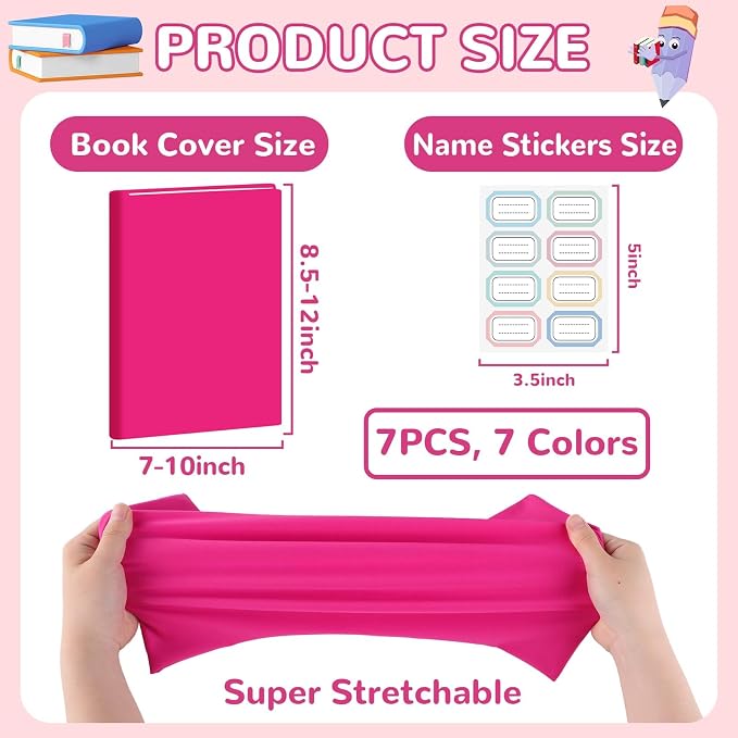 Jumbo Book Covers 7 Pack Reusable Fabric Book Cover Protective Books Covers 9 x 11 Inch Pink Stretchable Books Sleeve Cover with Label Sticker for Most Hardcover Textbooks Up to 10 x 12.5 Inch