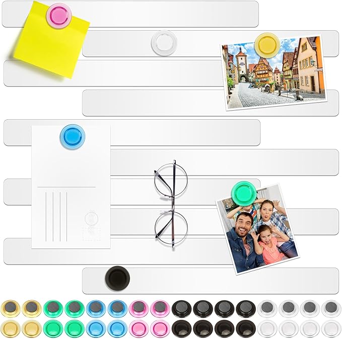 Wukong 10 Pack | 30x3cm(11.81 x 1.18) Magnetic Stainless White Boards Strips, Adhesive Backing Bulletin Bar Board, Memo Board with 32Pcs Colorful Magnets for Office, Home, Photo Wall, Documents