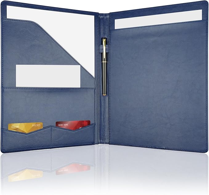 MOWPOG Professional Padfolio Portfolio Binder, Faux Leather Interview Resume Folder, Letter Size A4 Legal Writing Pad Holder, Document Organizer for Business School Office Conference (Blue)