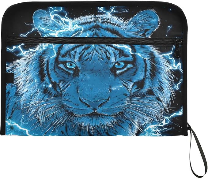 Blue Lighting Tiger Accordion File Organizer Expanding Document Folder with 13 Pockets Portable File Folder for A4 Letter Size
