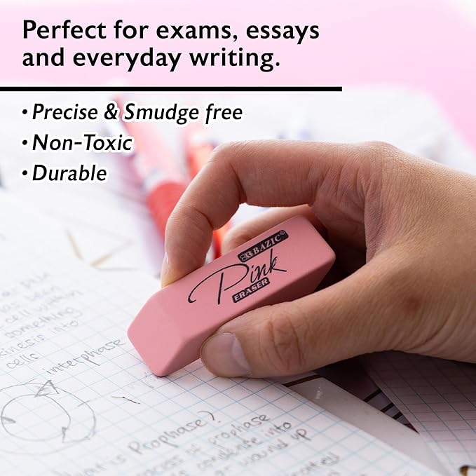 BAZIC Products Pink Eraser, Latex Free Bevel Block Erasers, Large Size for Classroom, Office, and Art Use, Smooth Pencil Correction for Writing, Sketching, & Daily Tasks, 12/Pack, 48-Pack