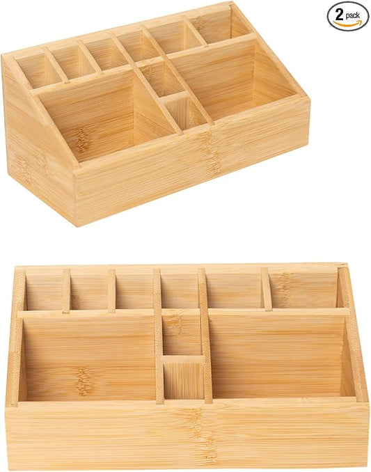 2 Pack Bamboo Desk Organizer Shelf, Art Supply Organizer Office Accessory Desk Storage Pen Holder Multifunctional Organizer for Colored Pencil, Crayon, Paint Brushes,Makeup, Jewelry