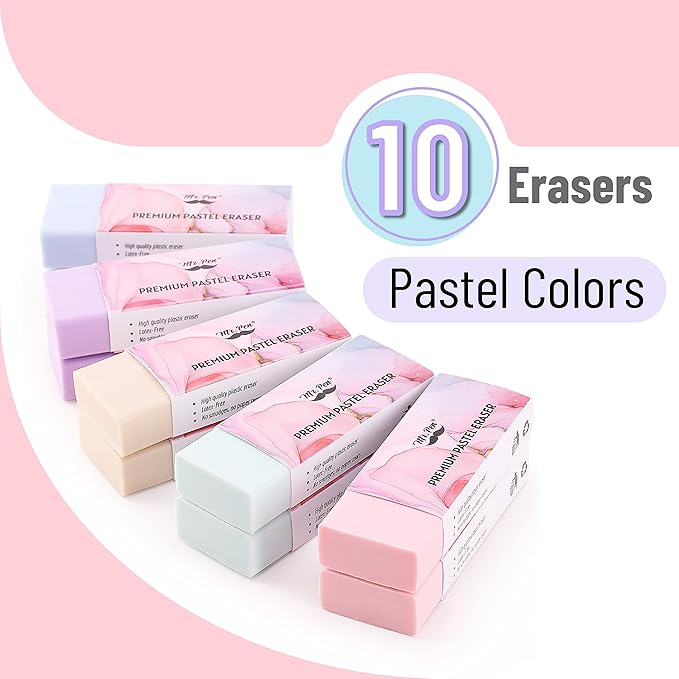 Mr. Pen- Pencil Eraser, 10 Pack, Pastel Colors, Large Latex Free Vinyl Block Erasers for School, Office, Art Sketching, Homework, Exams, Clean Smudge-Free Correction