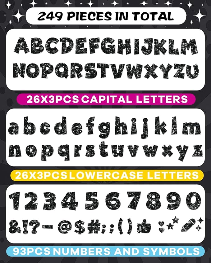 249 Pcs Glitter Bulletin Board Letters Numbers and Punctuation, 4 Inch Alphabet Poster Board Cardboard Letter Cutouts with Adhesive Dots for Classroom Bulletin Board School Decorations (Black)